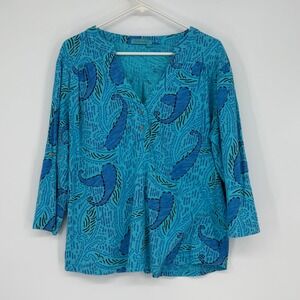 Fresh Produce Womens XL Blue Paisley Henley Top 3/4 Roll Tab Sleeve